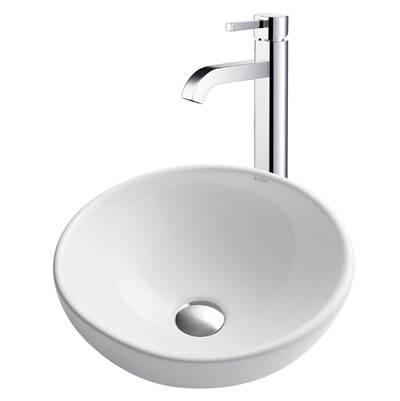 Kraus Ceramic 16-inch Round White Porcelain Vessel Sink & Ramus® Faucet - Pop-Up Drain in Chrome