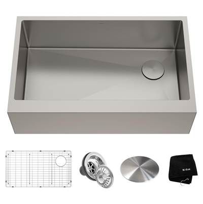Kraus Standart PRO® 33" x 21" Flat Apron Front 16 Gauge Single Bowl Farmhouse Kitchen Sink in Satin