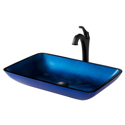 Kraus 22-inch Rectangular Blue Glass Vessel Sink & Matte Black Arlo® Faucet Combo - Pop-Up Drain - 1.2 GPM in Matte Black