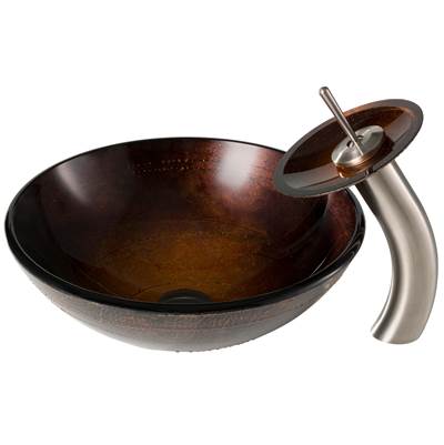 Kraus Multi-Color Vessel Sink & Waterfall Faucet Combo - Copper Brown Glass - Matching Disk & Pop-Up Drain in Satin Nickel