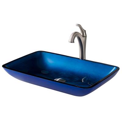 Kraus 22-inch Rectangular Blue Glass Vessel Sink & Spot Free Arlo® Faucet Combo - Pop-Up Drain - 1.2 GPM in Stainless Brushed Nickel