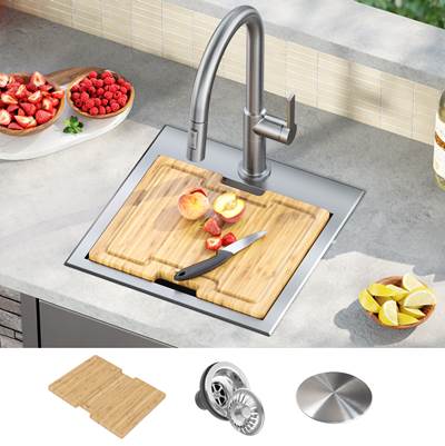 Kraus Kore® Outdoor Workstation Bar Sink - 15-inch - Drop-in Square Single Bowl in T-316 Stainless Steel