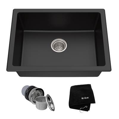 Kraus Quarza™ 24" Dual Mount Single Bowl Granite Kitchen Sink in Black Onyx