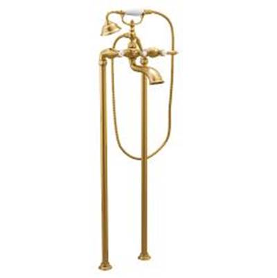 Brushed gold two-handle tub filler includes hand shower