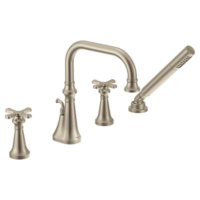 Colinet Two Handle Deck-Mount Roman Tub Faucet Trim with Cross Handles and Handshower, Valve Required, in Brushed Nickel