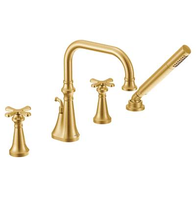 Colinet Two Handle Deck-Mount Roman Tub Faucet Trim with Cross Handles and Handshower, Valve Required, in Brushed Gold