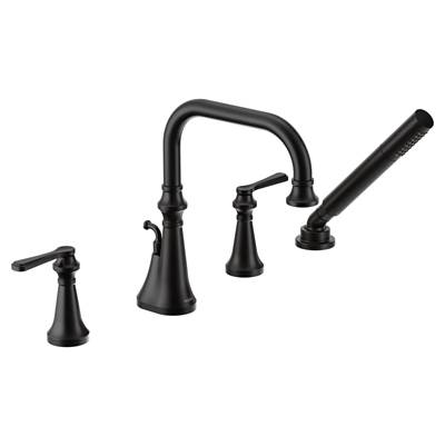 Colinet Two Handle Deck-Mount Roman Tub Faucet Trim with Lever Handles and Handshower, Valve Required, in Matte Black