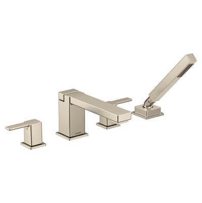 90 Degree Two-Handle Deck Mount Roman Tub Faucet Trim Kit, Valve Required, Including Single Function Handshower, Brushed Nickel