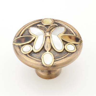 Schaub and Company Heirloom Treasures Knob - Tiger Penshell Mother of Pearl - 1-1/2" in Polished Brass and Antique Brass