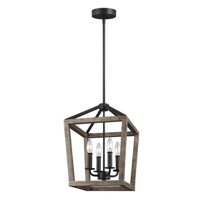 Visual Comfort Studio Collection Gannet Small Cage Chandelier in Weathered Oak Wood Antique Forged Iron