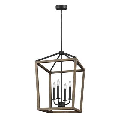Visual Comfort Studio Collection Gannet Medium Cage Chandelier in Weathered Oak Wood Antique Forged Iron