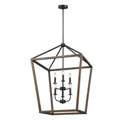 Visual Comfort Studio Collection Gannet Large Cage Chandelier in Weathered Oak Wood Antique Forged Iron