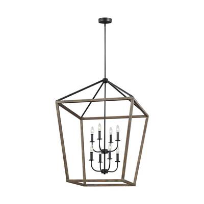 Visual Comfort Studio Collection Gannet Extra Large Cage Chandelier in Weathered Oak Wood Antique Forged Iron