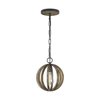 Visual Comfort Studio Collection Allier Mini Pendant in Weathered Oak Wood / Antique Forged Iron