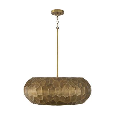 Capital Lighting Dorian 4-Light Drum Pendant - Faceted Handcrafted Sandcast Distressed - 26'' W x 9.75'' H in Burnished Patinaed Brass