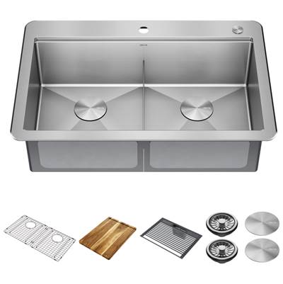 Delta Faucet Lorelai® 33" Workstation Kitchen Sink - Drop-In Top Mount - 16 Gauge Double Bowl in Stainless Steel