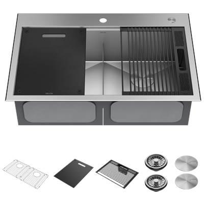 Delta Faucet Rivet® 33" Workstation Kitchen Sink - Drop-In Top Mount - 16 Gauge 50/50 Double Bowl in Stainless Steel