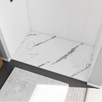 Maax Stonea 60" x 32" Shower Base - Universal - End Drain in White Marble